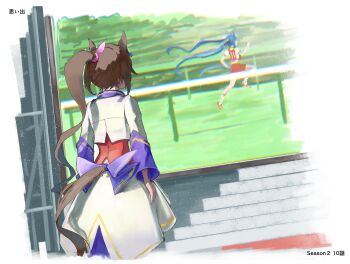 2girls absurdres animal_ears back_bow blue_bow blue_hair bow brown_hair dutch_angle gym_shirt gym_shorts highres horse_ears horse_girl horse_tail jacket long_hair long_sleeves looking_at_another medium_skirt multiple_girls official_alternate_costume outdoors oversized_object ponytail race_bib racetrack red_shoes red_shorts ricca_miz running scene_reference shirt shoes short_sleeves shorts skirt socks stairs standing starting_future_(umamusume) tail television tokai_teio_(umamusume) tracen_training_uniform translated twin_turbo_(umamusume) twintails umamusume very_long_hair white_jacket white_shirt white_skirt white_socks