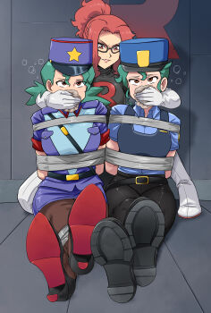 3girls absurdres aqua_hair arms_behind_back bdsm bondage bound bound_ankles bound_arms breasts brown_eyes chloroform covering_another&#039;s_mouth drugged fifty_(character) hand_over_another&#039;s_mouth hat high_heels highres jenny_(pokemon) legs lost_one_zero multiple_girls nintendo pokemon pokemon_(anime) pokemon_(classic_anime) pokemon_sm_(anime) police police_hat police_uniform policewoman red_hair shades782 sleepy tape tape_bondage team_rocket