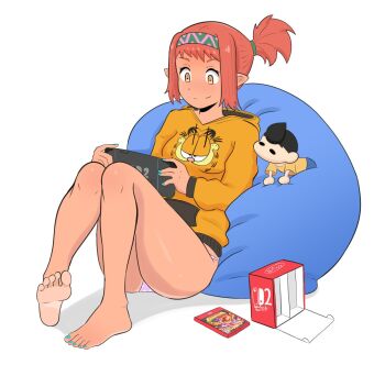Rule 34 | 1girl, bean bag chair, blue nails, box, chibi, colored skin, commentary, full body, garfield, headband, highres, hood, hood down, hoodie, nintendo switch 2, no pants, orange eyes, orange hoodie, orange skin, original, panties, playing games, polka dot, polka dot panties, ponytail, sidelocks, simple background, symbol-only commentary, tan, taterdouce, underwear