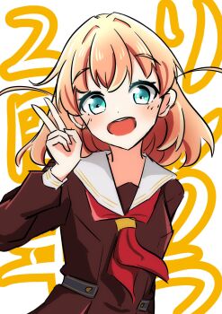 1girl :d blush brown_dress commentary crossed_bangs daime_(hyahhaa10) dress finger_counting hair_intakes hashtag-only_commentary hasu_no_sora_school_uniform highres hinoshita_kaho link!_like!_love_live! long_sleeves looking_at_viewer love_live! medium_hair neckerchief open_mouth orange_hair red_neckerchief sailor_collar sailor_dress school_uniform simple_background smile solo teeth text_background two_side_up upper_body upper_teeth_only v virtual_youtuber white_sailor_collar winter_uniform