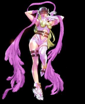 1girl angewomon bare_shoulders belt black_background black_belt blonde_hair bodysuit boobplate breastplate breasts catquarium clothing_cutout covered_eyes digimon digimon_(creature) helmet helmet_over_eyes highres hip_vent long_hair medium_breasts o-ring pink_ribbon ribbon single_leg_bodysuit solo stomach_cutout strapless_bodysuit thigh_strap white_bodysuit