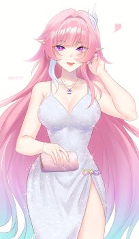 1girl absurdres alternate_costume aqua_hair bag bare_shoulders breasts cleavage commentary cyrene_(demiurge)_(honkai:_star_rail) cyrene_(honkai:_star_rail) diamond-shaped_pupils diamond_(shape) dress evening_gown handbag heart highres holding holding_bag honkai:_star_rail honkai_(series) jewelry large_breasts long_hair looking_at_viewer multicolored_hair necklace nsu1122701 pink_hair pointy_ears purple_eyes simple_background smile solo symbol-only_commentary symbol-shaped_pupils very_long_hair white_background white_dress white_hair