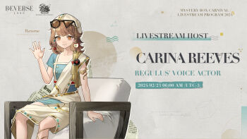 1girl arm_support armlet asymmetrical_eyewear beret blue-tinted_eyewear blue_dress brown_hair chair circle closed_mouth copyright_name dress english_text eyewear_on_head feet_out_of_frame grey_background hand_up hat highres jewelry leg_ribbon logo looking_at_viewer medium_hair official_art on_chair orange_eyes regulus_(reverse:1999) reverse:1999 ribbon round_eyewear short_dress short_sleeves smile solo sunglasses tinted_eyewear toga triangular_eyewear waving white_hat