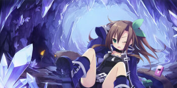 Rule 34 | 10s, 1girl, :o, blush, boots, brown hair, cave, cellphone, choker, choujigen game neptune, crystal, female focus, game cg, green eyes, highres, if (neptunia), long hair, long sleeves, neptune (series), official art, one eye closed, open mouth, phone, shorts, solo, tsunako, tsurime, wink