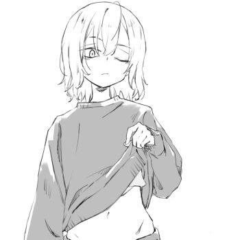 1boy closed_mouth clothes_lift highres long_sleeves male_focus medium_hair midriff_peek monochrome one_eye_closed original shirt_lift solo sup_(wwwsupwww) upper_body white_background
