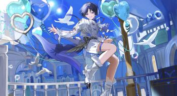 Rule 34 | 1boy, absurdres, alternate costume, balloon, bird, blue ribbon, blue sky, blunt ends, bubble, city, clenched hand, coattails, court of fontaine, cropped jacket, eyeliner, feathers, fingernails, floral print, formal clothes, genshin impact, grey pupils, hair intakes, hand up, heart balloon, highres, jacket, lens flare, long sleeves, looking to the side, makeup, male focus, multicolored hair, open clothes, open hand, open jacket, open mouth, outdoors, pom pom (clothes), purple eyes, purple hair, red eyeliner, ribbon, rtms, scaramouche (genshin impact), see-through clothes, see-through sleeves, shirt, shoes, shorts, sky, solo, star ornament, streaked hair, tailcoat, thigh strap, tsurime, twitter username, undershirt, white feathers, white hair, white jacket, white mouth, white shirt, white shoes, white shorts, white sleeves