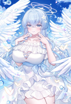 1girl angel angel_wings bare_shoulders blue_eyes blue_hair blue_ribbon blue_sky blurry blush breasts bubble bug butterfly cleavage cleavage_cutout closed_mouth clothing_cutout cloud collarbone commentary commentary_request criss-cross_straps crossed_bangs day depth_of_field dress falling_petals feathered_wings flower frilled_dress frills glowing_butterfly gyozanuko hair_between_eyes hair_flower hair_ornament halo hands_up highres insect large_breasts long_hair multiple_wings off-shoulder_dress off_shoulder original outdoors petals pink_petals revision ribbon sky smile solo symbol-only_commentary thighs very_long_hair water_drop white_dress white_halo white_wings wings