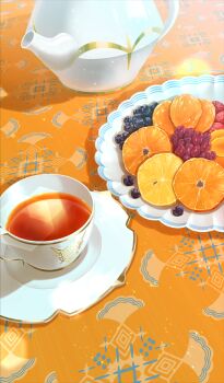 Rule 34 | after time valentine 2026, blueberry, commentary request, cup, drink, fate/grand order, fate (series), food, food focus, fruit, lens flare, no humans, non-circular lens flare, official art, orange (fruit), orange background, orange slice, plate, raisin (fruit), saucer, still life, tea, teacup, teapot, third-party source, xxxxay