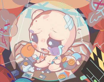 1boy bandaid beaten bleeding blood blood_from_mouth blood_on_face bruise bruise_on_face character_doll child children's_day closed_eyes closed_mouth crayon crying dice doll father_(the_binding_of_isaac) guppy_(the_binding_of_isaac) hand_puppet happy highres holding holding_doll injury lying mother_(the_binding_of_isaac) navel on_back puppet streaming_tears stuffed_animal stuffed_toy tainted_isaac_(the_binding_of_isaac) tears the_binding_of_isaac tooza toy