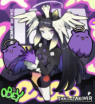 1girl black_dress blunt_bangs character_name commentary crown dress feathered_wings head_wings highres hololive hololive_english jiang1274 juliet_sleeves long_hair long_sleeves looking_at_viewer ninomae_ina'nis parted_lips puffy_sleeves purple_eyes purple_hair purple_hands symbol-only_commentary tako_takover_(ninomae_ina'nis) takodachi_(ninomae_ina'nis) tentacle_hair virtual_youtuber white_wings wings