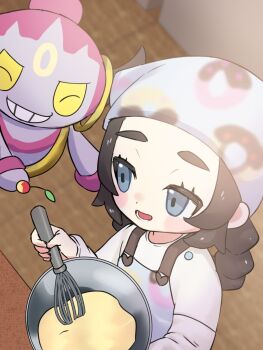 1girl amakusa_setoka ansha_(pokemon) batter berry_(pokemon) black_hair blue_eyes blush bowl from_above gen_6_pokemon grey_hair headscarf hoopa hoopa_(confined) legendary_pokemon leppa_berry mythical_pokemon nintendo open_mouth pokemon pokemon_legends:_z-a smile solo whisk wooden_floor
