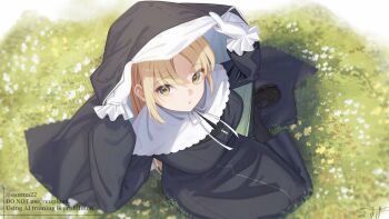Rule 34 | 1girl, black dress, black shoes, black thighhighs, closed mouth, dress, esuma gt, flower, gloves, grass, highres, long hair, looking at viewer, nijisanji, shoes, sister claire, sister claire (1st costume), solo, thighhighs, virtual youtuber, white gloves