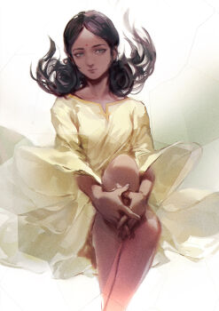 1girl bare_legs bindi black_hair collarbone commentary_request dark-skinned_female dark_skin dress expressionless facial_mark feet_out_of_frame forehead_mark green_eyes gundam hair_behind_ear hangleing indian interlocked_fingers lalah_sune legs_together mobile_suit_gundam own_hands_together parted_bangs sideways_glance sitting solo yellow_dress