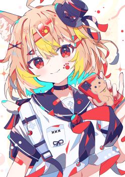 Rule 34 | 1girl, absurdres, animal ears, aramedraw, black choker, black hat, blue neckerchief, blue sailor collar, brown hair, cat ears, choker, commentary request, hair between eyes, hat, highres, looking at viewer, medium hair, mini hat, mini top hat, neckerchief, original, red eyes, red neckerchief, sailor collar, school uniform, serafuku, shirt, solo, top hat, two-tone neckerchief, white background, white shirt