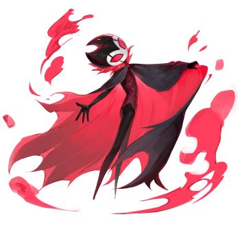 Rule 34 | 1boy, arthropod boy, bamsot, black cape, black skin, cape, cape lift, colored sclera, colored skin, fire, full body, grimm (hollow knight), hand up, head tilt, highres, hollow knight, male focus, no pupils, pink fire, red cape, red sclera, simple background, solo, two-sided cape, two-sided fabric, white background
