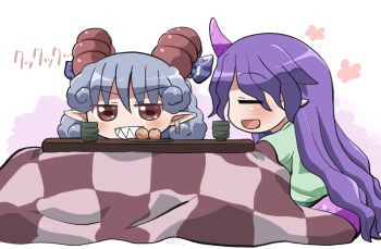 2girls :d blue_hair blue_ribbon blush chibi chibi_only closed_eyes commentary_request cup curly_hair earrings food fruit green_shirt grin hair_between_eyes highres horn_ornament horn_ribbon horns jewelry kotatsu long_hair mandarin_orange multiple_girls open_mouth pointy_ears purple_hair red_eyes red_horns ribbon rokugou_daisuke sharp_teeth sheep_horns shirt short_hair signature sitting smile table teeth tenkajin_chiyari touhou toutetsu_yuuma