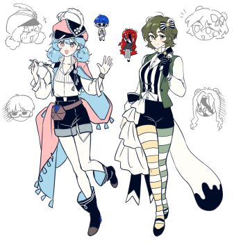 +_+ 2boys 2girls :d absurdres aleph_(reverse:1999) aleph_(reverse:1999)_(cosplay) animal_ears asymmetrical_legwear black_boots black_gloves black_shoes black_shorts black_vest blue_hair boots brown_hair cape chibi chibi_inset closed_mouth color_switch cosplay costume_switch fake_animal_ears gloves green_eyes green_pantyhose green_vest hands_up hat hat_feather highres holding holding_microphone holding_quill long_hair looking_at_viewer low_twintails microphone mismatched_legwear mj_(zombie_high_school) mj_(zombie_high_school)_(cosplay) mossi_(mossi0816) multiple_boys multiple_girls newsboy_cap open_clothes open_mouth open_vest panties pantyhose pink_cape pink_hat pyo_ih-yeon pyo_ih-yeon_(cosplay) quill recoleta_(reverse:1999) recoleta_(reverse:1999)_(cosplay) red_hair reverse:1999 shirt shoes short_hair shorts side_cape smile standing standing_on_one_leg striped_clothes striped_pantyhose striped_vest tail twintails underwear vertical-striped_clothes vertical-striped_vest vest white_background white_panties white_shirt yellow_eyes yellow_pantyhose zombie_high_school