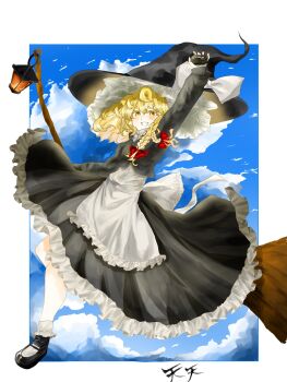 1girl apron bagua blonde_hair bow braid broom broom_riding cloud cloudy_sky dress flying frilled_dress frilled_hair_tubes frilled_socks frills hair_bow hair_tubes hat hat_bow highres holding holding_broom kirisame_marisa kumagawa1230 lantern long_hair mary_janes mini-hakkero open_mouth red_bow shoes side_braid single_braid skirt sky smile socks solo touhou trigram twin_braids waist_apron white_bow witch_hat yellow_eyes