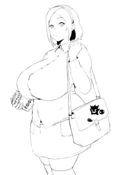 1girl 2024_pokemon_teraleak bag book breasts button_shirt coco_(setawar) gastly gen_1_pokemon gen_2_pokemon gengar hairband hex_maniac_(pokemon) hex_maniac_(prototype)_(pokemon) highres large_breasts lineart nintendo pokemon pokemon_tower_ghost pokemon_xy_(prototype) shirt skirt smile thighhighs unown