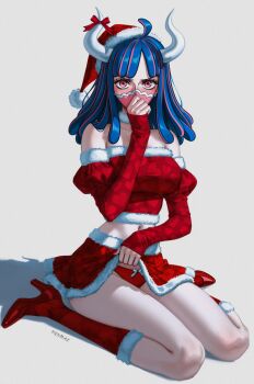1girl ahoge blue_hair bow breasts clothes_lift commentary english_commentary hat highres horn_bow horn_ornament horns large_breasts lifting_own_clothes looking_at_viewer mask medium_hair miniskirt mouth_mask multicolored_hair one_piece panties pink_eyes prixmal red_panties red_shoes red_skirt red_socks red_tube_top santa_costume santa_hat shoes sitting skirt skirt_lift socks solo strapless streaked_hair tube_top ulti_(one_piece) underwear wariza
