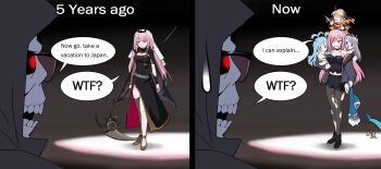 black_dress black_pantyhose breasts carrying carrying_person cleavage death_(entity) dress gawr_gura gigi_murin glasses grim_reaper highres holding hololive hololive_english hololive_indonesia kaela_kovalskia koseki_bijou long_hair mori_calliope mori_calliope_(1st_costume) multiple_girls pantyhose pink_eyes pink_hair red_eyes scythe spikes tamagoh7 tiara torn_clothes torn_pantyhose veil virtual_youtuber