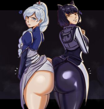 2girls anger_vein angry animal_ears ass ass-to-ass ass_press black_hair blake_belladonna blue_eyes blush breasts cat_ears clenched_teeth dress embarrassed flying_sweatdrops hair_ornament huge_ass long_hair looking_at_viewer medium_breasts multiple_girls orange_eyes panties pants ponytail province rwby scar scar_across_eye scar_on_face short_hair sideboob solo_focus teeth underwear very_long_hair weiss_schnee white_hair