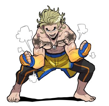 1boy absurdres bandaid bandaid_on_face bandaid_on_nose barefoot black_leggings blonde_hair chest_tattoo clenched_hands collarbone dog_tags fingerless_gloves fingernails forked_eyebrows full_body gloves highres hunched_over leggings luke_sullivan male_focus mma_gloves multicolored_gloves multicolored_shorts open_mouth sach56000 shorts shoulder_tattoo simple_background smile solo star_(symbol) street_fighter street_fighter_v tattoo teeth toenails topless_male white_background