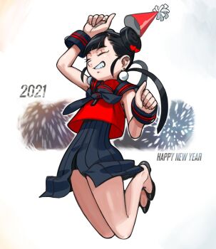 1girl 2021 ^_^ achika_(overlord_jc) arm_up black_hair black_neckerchief black_sailor_collar black_shoes black_skirt closed_eyes crop_top donut_hair_bun double_bun earrings fireworks full_body grin hair_bun hair_ornament hand_up happy_new_year hat heart heart_hair_ornament high-waist_skirt jewelry jumping neckerchief new_year original overlord_jc party_hat pearl_earrings red_hat red_serafuku red_shirt ribbed_skirt sailor_collar school_uniform serafuku shirt shoes short_hair skirt sleeveless sleeveless_shirt smile solo sphere_earrings wristband