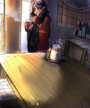 1girl :o alternate_costume bakuya blowing blush bottle chair coffee coffee_mug coffee_pot contemporary cup female_focus highres holding jacket kitchen messy_hair mug nagae_iku no_headwear orange_eyes purple_hair sketch slice_of_life solo stove sweater tile_floor tiles touhou