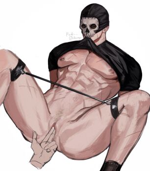 1cuntboy 2boys abs bara black_mask black_shirt black_socks call_of_duty call_of_duty:_modern_warfare_2 clitoris clothes_in_mouth clothes_lift commentary cuntboy cuntboy_with_male disembodied_hand english_commentary fingering ghost_(modern_warfare_2) highres kdf_(nomorelemontea) leaning leaning_back male_focus male_pubic_hair mask mouth_hold multiple_boys multiple_scars muscular muscular_male navel nipple_piercing nipples out_of_frame pectorals piercing pubic_hair pussy reverse_newhalf_with_male scar scar_on_chest scar_on_leg scar_on_neck shirt shirt_in_mouth shirt_lift skull_mask soap_(modern_warfare_2) socks solo_focus spread_legs spreader_bar t-shirt teeth yaoi
