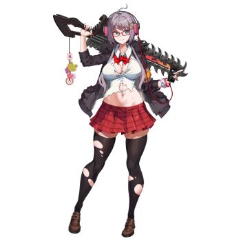 Rule 34 | 1girl, ahoge, aqua eyes, black jacket, black thighhighs, bow, bowtie, breasts, breasts apart, brown shoes, cellphone, chainsaw, chainsword, charm (object), checkered clothes, checkered skirt, closed mouth, collared shirt, donut, flower, food, frog, full body, fur-trimmed jacket, fur trim, glasses, hair ornament, hairclip, haru estia, headphones, heart, highres, holding, holding phone, holding sword, holding weapon, impossible clothes, impossible shirt, jacket, large breasts, last origin, legs apart, linea alba, listening to music, long hair, looking to the side, mary janes, miniskirt, navel, non-web source, official alternate costume, official alternate eye color, official alternate hair color, official alternate hair length, official alternate hairstyle, official art, open clothes, open jacket, patch, phone, pink flower, pleated skirt, purple hair, rectangular eyewear, red-framed eyewear, red bow, red bowtie, red skirt, shirt, shoes, sidelocks, simple background, skindentation, skirt, smartphone, smile, solo, soulworker, standing, sword, sword on back, tachi-e, thighhighs, torn clothes, torn shirt, torn thighhighs, transparent background, u-rix, weapon, weapon on back, white shirt, zettai ryouiki