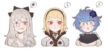 +_+ 3girls absurdres black_bow blonde_hair blue_eyes blue_hair blunt_bangs blush bow clenched_teeth commentary drag-on_dragoon drag-on_dragoon_3 earrings flower flower_over_eye hair_between_eyes hair_bow hair_flower hair_ornament hairband highres jewelry long_hair multiple_girls one_(drag-on_dragoon) open_mouth pink_eyes popped_collar red_eyes roman_numeral scarf short_hair simple_background single_bare_shoulder symbol-only_commentary teeth two_(drag-on_dragoon) upper_body white_background white_hair zemzk zero_(drag-on_dragoon)