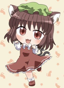 1girl :3 :d animal_background animal_ear_fluff animal_ear_piercing animal_ears blush bow bowtie brown_hair cat_ears cat_girl cat_tail chen chibi chibi_only commentary dot_nose dress earrings full_body green_hat hands_up hat highres jewelry long_sleeves looking_at_viewer mob_cap multiple_tails open_mouth paw_pose pinafore_dress red_dress red_eyes red_shoes rokugou_daisuke shirt shoes short_hair single_earring sleeveless sleeveless_dress smile socks solo standing standing_on_one_leg star_(symbol) star_symbol_background tail touhou two_tails v-shaped_eyebrows white_bow white_bowtie white_shirt white_socks yellow_background