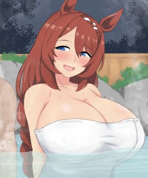 1boy 1girl :d animal_ears arms_behind_back bare_arms blue_eyes blush braid braided_ponytail breasts brown_hair cleavage commentary_request half-closed_eyes highres horse_ears horse_girl huge_breasts long_hair looking_at_another multicolored_hair naked_towel night nishikaze_(makaso17) onsen open_mouth out_of_frame partially_submerged sky smile solo_focus star_(sky) steam super_creek_(umamusume) sweat swept_bangs towel two-tone_hair umamusume upper_body water white_hair