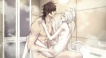 2boys anal baku_(slow_damage) bathroom bathtub black_hair blush censored clenched_teeth closed_eyes cuts game_cg hands_on_another&#039;s_chest highres holding_another&#039;s_waist injury looking_at_another male_focus mirror moaning multiple_boys multiple_scars muscular muscular_male nipples nitro+_chiral nude official_art penis pushing_away scar scar_on_leg self-harm_scar shiro_(slow_damage) showering skinny slow_damage slow_damage_clean_dishes soap_bubbles steam teeth white_hair yamada_uiro yaoi