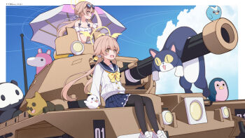 1girl angry_adelie_(blue_archive) beach_umbrella big_brother_(blue_archive) bikini black_pantyhose blue_archive blue_sailor_collar blue_skirt brown_eyes cardigan commentary_request eyewear_on_head halo hifumi_(blue_archive) hifumi_(swimsuit)_(blue_archive) long_hair long_sleeves low_twintails military_vehicle miniskirt motor_vehicle mr._nicholai_(blue_archive) open_mouth pantyhose peroro_(blue_archive) pleated_skirt round_eyewear ruffle_bikini sailor_collar shoes sitting skirt skullman_(blue_archive) sneakers stuffed_toy sunglasses swimsuit tank teeth twintails umbrella upper_teeth_only wavecat_(blue_archive) white_bikini white_cardigan white_shoes yellow_eyes yellow_halo zundamochi_(sera)