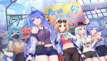 5girls :d ;) absurdres azur_lane bare_shoulders baseball_cap black_shorts blonde_hair blue_hair blue_shorts blush boise_(azur_lane) breasts character_name cleveland_(azur_lane) commentary copyright_name cowboy_shot crepe crop_top day deal_with_it_(meme) drinking english_commentary enterprise_(azur_lane) essex_(azur_lane) expressionless eyewear_on_head food from_below hair_between_eyes hair_ornament hairclip hand_in_pocket hands_up happy hat helena_(azur_lane) highres hip_focus jacket kyl490 large_breasts long_hair looking_at_viewer medium_breasts meme midriff midriff_peek miniskirt multiple_girls navel off-shoulder_shirt off_shoulder one_eye_closed open_clothes open_jacket open_mouth orange_eyes outdoors pleated_skirt ponytail purple_eyes purple_shirt red_eyes shirt shopping short_shorts shorts side_ponytail single_bare_shoulder skirt small_breasts smile sunglasses taking_picture teeth thighs torn_clothes torn_shorts upper_teeth_only very_long_hair white_hair yellow_eyes