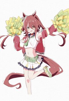 Rule 34 | 1girl, alternate costume, animal ears, belt, blush, breasts, cheerleader, choker, cropped shirt, ear ornament, feather hair ornament, feathers, genkai made pom pon!!, green belt, green eyes, green necktie, hair between eyes, hair ornament, hakugitsu, highres, holding, holding pom poms, horse ears, horse girl, horse tail, jacket, long hair, looking at viewer, low twintails, midriff, navel, necktie, open clothes, open jacket, open mouth, pom pom (cheerleading), pom poms, red choker, red hair, red jacket, shirt, simple background, skirt, small breasts, smile, solo, tail, twintails, umamusume, white shirt, white skirt, win variation (umamusume)