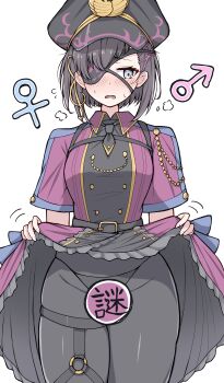 1other absurdres azuki_(ne_4zk) black_hair black_hat black_panties blush breasts censored clothes_lift commentary_request dress dress_lift eyepatch fate/grand_order fate_(series) genderswap_(fto) grey_eyes hair_over_one_eye hat highres mars_symbol mysterious_ranmaru_x_(fate) open_mouth panties pantyhose peaked_cap purple_dress short_hair short_sleeves simple_background solo underwear venus_symbol white_background