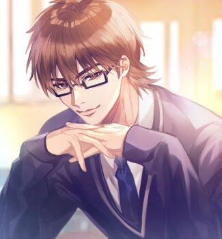 Rule 34 | 1boy, ace of diamond, black-framed eyewear, blue necktie, brown eyes, brown hair, cardigan, closed mouth, collared shirt, commentary request, glasses, hair between eyes, interlocked fingers, looking at viewer, male focus, miyuki kazuya, necktie, own hands clasped, own hands together, rectangular eyewear, renorenoko, school uniform, semi-rimless eyewear, shirt, short hair, sideburns, smile, solo, white shirt
