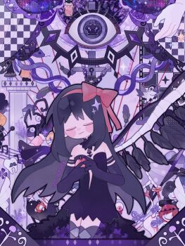 1girl absurdres akemi_homura akuma_homura apple argyle_clothes argyle_thighhighs bird black_dress black_hair blood blood_drip blood_stain blush_stickers bone bow chain clara_dolls_(madoka_magica) closed_eyes closed_mouth cowboy_shot cross curtains disembodied_eye disembodied_hand dress familiar feather-trimmed_dress food fruit gem grey_thighhighs hair_bow hairband highres holding holding_food holding_fruit lock long_dress long_hair mahou_shoujo_madoka_magica mahou_shoujo_madoka_magica:_hangyaku_no_monogatari padlock purple_background purple_gemstone red_bow red_hairband smile solo soul_gem thighhighs very_long_hair yan8644507