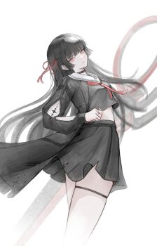 1girl absurdres arm_cutout black_choker black_hair black_jacket black_serafuku black_shirt black_skirt breasts chisa_(wuthering_waves) choker closed_mouth clothing_cutout commentary deardd hair_ribbon highres jacket long_hair long_sleeves looking_at_viewer looking_to_the_side medium_breasts neckerchief red_eyes red_neckerchief red_ribbon ribbon sailor_collar school_uniform serafuku shirt simple_background skirt solo tacet_mark_(wuthering_waves) thigh_strap thighs white_background white_sailor_collar wuthering_waves