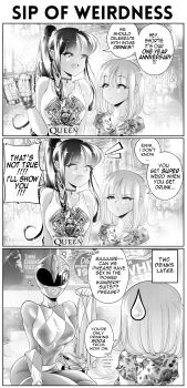 2girls 3koma :d absurdres band_shirt beer_glass bodysuit breasts choker cleavage comic commentary cosplay couple cup dress drunk ear_piercing english_commentary english_text floral_print greyscale grs- happy height_difference helmet highres holding holding_cup large_breasts long_hair looking_at_another medium_hair merchandise mighty_morphin_pink_ranger mighty_morphin_power_rangers monochrome multiple_girls open_mouth original piercing pink_ranger_(cosplay) ponytail power_rangers print_dress ptera_ranger queen_(band) right-to-left_comic sharon_(grs-) skin_tight smile speech_bubble squeans sweatdrop talia_(grs-) tank_top teeth the_white_stripes upper_teeth_only yuri