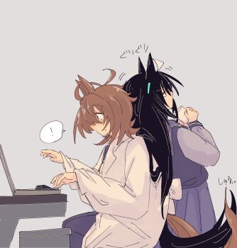 ! 2girls absurdres agnes_tachyon_(umamusume) ahoge animal_ears back-to-back black_hair brown_hair computer cup ear_tag earrings gachitamago hair_between_eyes highres holding holding_cup horse_ears horse_girl horse_tail jewelry lab_coat laptop leaning_on_person long_bangs long_hair long_hair_between_eyes long_sleeves manhattan_cafe_(umamusume) medium_hair multicolored_hair multiple_girls purple_sailor_collar purple_serafuku purple_shirt purple_skirt purple_thighhighs red_eyes sailor_collar sailor_shirt school_uniform serafuku shirt short_hair single_earring skirt speech_bubble spoken_exclamation_mark tail thighhighs tracen_school_uniform umamusume very_long_hair white_hair