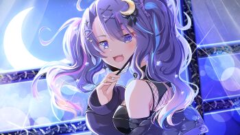 Rule 34 | 1girl, black shirt, crescent, crescent hair ornament, crescent moon, fang, hair ornament, highres, hololive, hololive indonesia, jacket, looking at viewer, maritchi, mask, mask pull, moon, moona hoshinova, moona hoshinova (punk rock), mouth mask, multicolored hair, official alternate costume, official alternate hairstyle, pink streaks, purple eyes, purple hair, purple jacket, shirt, skin fang, smile, solo, streaked hair, two side up, virtual youtuber, x hair ornament