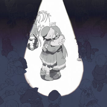 Rule 34 | 6+girls, chinese commentary, commentary request, crown, d.y.x., dress, from above, full body, highres, hug, long hair, long sleeves, lying, mahou shoujo no majo saiban, monochrome, multiple girls, multiple persona, nikaido hiro, on side, sakuraba ema, shoes, short hair, sitting, skirt, socks, spoilers, spotlight, standing, wings, witch (manosaba)