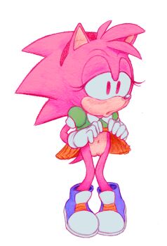 1girl amy_rose animal blue_boots blush boots classic_amy_rose clothes_lift furry gloveghost green_shirt hairband hedgehog hedgehog_girl highres loli navel no_panties open_mouth orange_skirt pink_eyes pink_fur pink_hair puffy_sleeves pussy sega shirt short_hair short_sleeves skirt skirt_lift sonic_(series) spiked_hair standing white_background