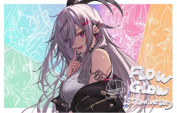 1girl black_bow black_jacket bow commentary_request double-parted_bangs earclip flow_glow_(hololive) grey_hair hair_bow hair_ornament hair_over_one_eye hairclip hand_up hololive hololive_dev_is index_finger_raised isaki_riona jacket kikirara_vivi koganei_niko long_hair looking_at_viewer mizumiya_su off_shoulder official_artist_extra one_side_up open_mouth red_eyes rindo_chihaya shirabi shirt sidelocks sleeveless sleeveless_shirt solo upper_body virtual_youtuber white_shirt