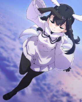 1girl above_clouds bird_girl bird_tail bird_wings black-headed_ibis_(kemono_friends) black_bow black_bowtie black_hair black_pantyhose black_shoes blush bow bowtie braid closed_eyes cloud flying frilled_sleeves frills fur_collar hair_between_eyes head_wings kemono_friends long_hair long_sleeves lowlandgorilla pantyhose penny_loafers pleated_skirt shirt shoes sidelocks skirt smile solo tail twin_braids white_fur white_shirt white_skirt wings
