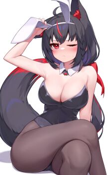 1girl ahoge animal_ear_fluff animal_ears bare_shoulders black_hair blush bow bowtie braid breasts cleavage crossed_legs dark_persona deaver detached_collar fake_animal_ears fox_ears fox_girl fox_tail hair_between_eyes highres hololive kurokami_fubuki large_breasts leotard long_hair looking_at_viewer one_eye_closed pantyhose playboy_bunny rabbit_ears red_eyes sidelocks single_braid solo strapless strapless_leotard sweat tail virtual_youtuber
